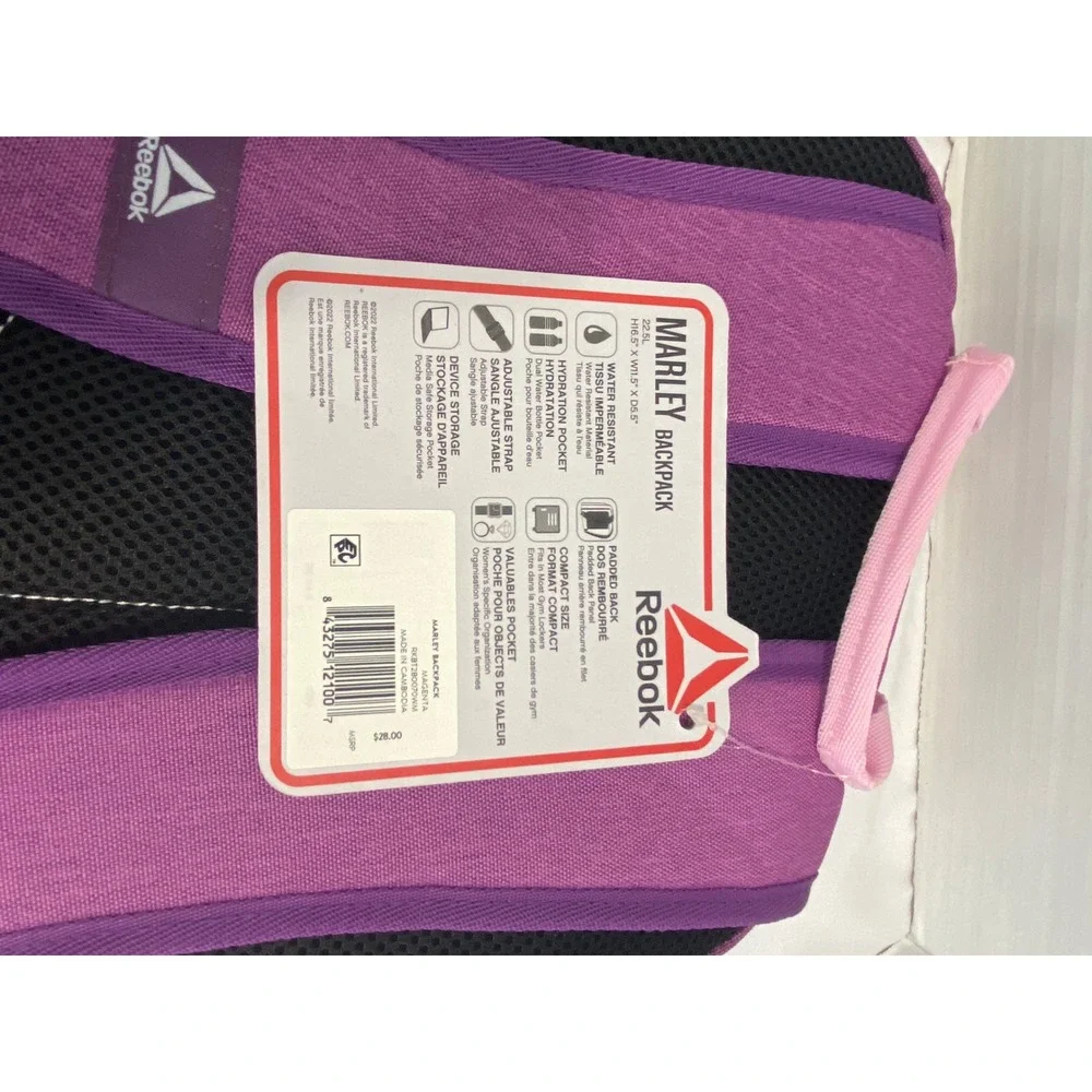 Reebok Marley Backpack Womens NSZ Purple Water Resistant Laptop Sleeve NEW